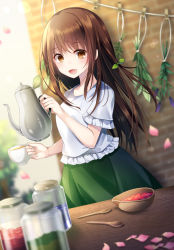 Rule 34 | 1girl, :d, blouse, blurry, bow, brown eyes, brown hair, commentary request, cowboy shot, cup, day, depth of field, frilled shirt, frilled sleeves, frills, green bow, green skirt, hair bow, holding, holding cup, indoors, kusada souta, long hair, looking at viewer, open mouth, original, petals, plant, saucer, shirt, short sleeves, skirt, smile, solo, table, teacup, white shirt, wooden table