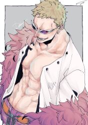 Rule 34 | 1boy, abs, absurdres, blonde hair, character name, coat, donquixote doflamingo, earrings, eyes visible through eyewear, feather coat, from above, highres, jewelry, male focus, muscular, muscular male, one piece, open clothes, open mouth, pectorals, pink coat, shirt, short hair, sk c ii, smile, sunglasses, teeth, white-framed eyewear, white shirt