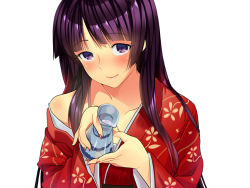 Rule 34 | 1girl, alcohol, bad id, bad pixiv id, bare shoulders, black hair, collarbone, female focus, japanese clothes, kimono, long hair, nail polish, off shoulder, original, purple eyes, sake, simple background, smile, solo, white background, zpolice