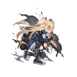 Rule 34 | 1girl, black bag, black footwear, black gloves, black pantyhose, black ribbon, blonde hair, blood, blood in hair, blue eyes, blue jacket, closed mouth, fingerless gloves, from side, full body, gas mask, girls&#039; frontline, gloves, gun, haijin, hair between eyes, hair ribbon, holding, holding gun, holding weapon, jacket, light frown, long hair, long sleeves, mask, object request, official alternate costume, official art, on one knee, open clothes, pantyhose, pouch, profile, ribbon, serbu super-shorty, shoes, shorts, shotgun, simple background, smoke, sneakers, solo, squatting, super-shorty (bad cop for life) (girls&#039; frontline), super-shorty (girls&#039; frontline), thigh pouch, torn clothes, torn pantyhose, transparent background, trigger discipline, two side up, very long hair, weapon, white shorts, yellow bag