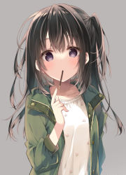 Rule 34 | 1girl, black eyes, blush, brown hair, candy, chocolate, chocolate bar, collarbone, eating, food, grey background, jacket, long hair, looking at viewer, one side up, open clothes, open jacket, original, simple background, solo, yuzuna hiyo