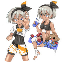 1girl bandages bea_(pokemon) black_bra blue_eyes bottle bow bra claws creatures_(company) fighting_stance game_freak gen_2_pokemon hair_ornament hitmontop horns midriff muscular nintendo poke_ball pokemon pokemon_(creature) pokemon_swsh shirt shorts simple_background single_horn sweat sweatdrop tail underwear user_ayhr3534 water_bottle white_shirt white_shorts