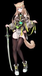 Rule 34 | 1girl, absurdres, animal ear fluff, animal ears, bare shoulders, black background, black thighhighs, blue eyes, breasts, brown hair, camouflage, camouflage jacket, cat ears, cat girl, cat tail, choudan, full body, grey footwear, grey jacket, gun, highres, holding, holding sword, holding weapon, jacket, long hair, long sleeves, looking at viewer, medium breasts, off shoulder, original, parted lips, pouch, shoes, simple background, sneakers, solo, standing, sword, tail, thigh pouch, thigh strap, thighhighs, very long hair, weapon