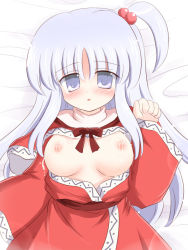 Rule 34 | 1girl, blue eyes, blush, breasts, breasts out, dress, hair bobbles, hair ornament, lactation, long hair, nipples, open mouth, ry (yagoyago), shinki (touhou), side ponytail, silver hair, solo, touhou, touhou (pc-98), wings