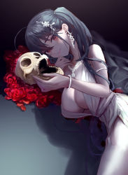 Rule 34 | 1girl, ahoge, azur lane, bare shoulders, black hair, breasts, center opening, dress, earrings, evening gown, hair between eyes, hair ornament, highres, jewelry, large breasts, long hair, looking at viewer, lying, necklace, official alternate costume, on side, red eyes, satin dress, skull, sleeveless, sleeveless dress, smile, solo, taihou (azur lane), taihou (temptation on the sea breeze) (azur lane), torimahera, very long hair, wedding dress
