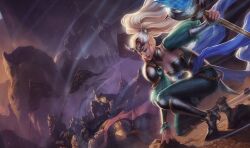 Rule 34 | 1girl, armor, bad source, black pants, blonde hair, boots, breasts, cleavage, crowd, high heels, holding, holding staff, knee boots, knight, league of legends, long hair, long sleeves, medium breasts, official art, pants, pointy ears, ponytail, puffy long sleeves, puffy sleeves, shoulder armor, solo focus, staff, statue, teeth, victorious janna, warrior
