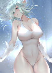 Rule 34 | 1girl, blue background, blue eyes, blue hair, breasts, cameltoe, character request, cleavage, collarbone, covered navel, cowboy shot, eyelashes, floating hair, gloves, gluteal fold, groin, half-closed eyes, head tilt, highres, janna (league of legends), large breasts, league of legends, looking at viewer, looking down, one-piece swimsuit, parted lips, pd (pdpdlv1), pointy ears, rain, silver hair, skindentation, solo, swimsuit, white gloves, white one-piece swimsuit