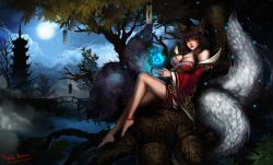 Rule 34 | 1girl, against tree, ahri (league of legends), animal ears, anklet, artist name, bare legs, bare shoulders, barefoot, black hair, breasts, bridge, cleavage, expressionless, facial mark, fox ears, fox tail, full moon, japanese clothes, jewelry, kimono, knee up, korean clothes, large breasts, league of legends, lips, long hair, looking at viewer, magic, moon, multiple tails, nath. bateman, nature, night, outdoors, pagoda, robe, tail, tree, yellow eyes