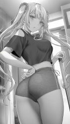 Rule 34 | 1girl, :o, absurdres, ass, breasts, commentary request, from behind, gentsuki, greyscale, hair ornament, highres, large breasts, long hair, looking at viewer, monochrome, original, parted lips, short sleeves, solo, thick eyebrows, thighs, twintails