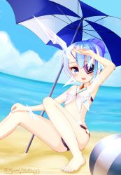 Rule 34 | 1girl, barefoot, beach, bikini, blue eyes, blue hair, blush, breasts, day, eyepatch, highres, long hair, looking at viewer, navel, nintendo, open mouth, polearm, short hair, simple background, smile, solo, swimsuit, theory (xenoblade), umbrella, water, weapon, xenoblade chronicles (series), xenoblade chronicles 2, yuyumi (yuurei)