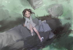 Rule 34 | 1girl, arm support, black hair, francesca lucchini, from above, grass, green eyes, kabuyama kaigi, leaning back, long hair, looking up, neck ribbon, ribbon, rock, sitting, sketch, solo, strike witches, twintails, wind, world witches series
