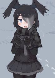Rule 34 | 1girl, adapted costume, bird girl, bird wings, black gloves, black hair, black pantyhose, black scarf, black shirt, black skirt, blue eyes, breath, commentary request, elbow gloves, fur trim, gloves, grey fur, grey hair, grey necktie, hair over one eye, head wings, highres, jungle crow (kemono friends), kemono friends, multicolored hair, necktie, pantyhose, plaid, plaid scarf, pleated skirt, sailor collar, scarf, shirt, short sleeves, skirt, solo, toxicnyannyan, wings, winter, winter clothes