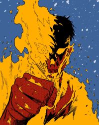 Rule 34 | 1boy, agni (fire punch), black hair, blue background, burning, clenched hand, fire, fire punch, flaming eye, highres, limited palette, looking at viewer, sen (sus pain), short hair, skull, snow, solo