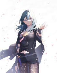 Rule 34 | 1girl, aqua eyes, aqua hair, arm up, black shorts, breasts, brown pantyhose, buttons, byleth (female) (fire emblem), byleth (fire emblem), closed mouth, clothing cutout, clovisxvii, collar, commentary request, cowboy shot, fire emblem, fire emblem: three houses, hair between eyes, highres, knife, lips, long hair, navel, navel cutout, nintendo, pantyhose, pantyhose under shorts, petals, print pantyhose, short shorts, shorts, simple background, solo, standing, weapon, white background, white collar