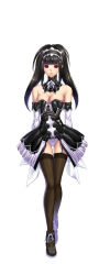Rule 34 | 1girl, absurdres, android c, arm strap, bare shoulders, black hair, black thighhighs, blunt bangs, breasts, character name, cleavage, closed mouth, collar, corset, cross-laced clothes, detached collar, elbow gloves, expressionless, frills, full body, garter straps, gloves, hairband, highres, instant brain, iruma kamiri, lace, large breasts, leotard, long hair, looking at viewer, maid headdress, mary janes, official art, original, red eyes, ribbon, shoes, showgirl skirt, sideboob, sidelocks, simple background, solo, standing, strapless, strapless leotard, thigh strap, thighhighs, twintails, white background, white gloves