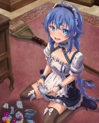 Rule 34 | 1girl, ahoge, alternate costume, apron, black bow, black hairband, black ribbon, black skirt, black thighhighs, blue eyes, blue hair, blush, bow, bow hairband, braid, breasts, broom, choker, cleavage, collarbone, enmaided, flower, frilled skirt, frills, hair between eyes, hair bow, hairband, highres, holding, honba misaki, indoors, long hair, low twintails, maid, maid headdress, miniskirt, mushoku tensei, open mouth, pink flower, purple flower, purple footwear, red flower, ribbon, roxy migurdia, shattered, shirt, short sleeves, sitting, skirt, small breasts, solo, thigh bow, thighhighs, twin braids, twintails, very long hair, waist apron, wariza, wavy mouth, white apron, white choker, white shirt, yellow flower, zettai ryouiki