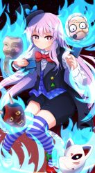 Rule 34 | 1girl, black shorts, blue fire, card, ecarl, expressionless, fire, flower, hat, hata no kokoro, highres, holding, holding card, long hair, long sleeves, looking at viewer, mask, pink hair, red eyes, red flower, shirt, shorts, solo, striped clothes, striped thighhighs, thighhighs, top hat, touhou, white shirt