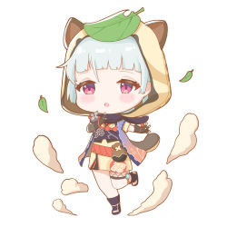 Rule 34 | 1girl, ahoge, animal ears, animal hood, aqua hair, arm guards, black gloves, blush stickers, chibi, commentary request, elbow gloves, fake animal ears, fake tail, fingerless gloves, fingers together, fishnets, full body, genshin impact, gloves, hair between eyes, highres, hood, japanese clothes, leaf, leaf on head, looking at viewer, ninja, obi, parted lips, pouch, purple eyes, raccoon ears, raccoon tail, sash, sayu (genshin impact), short hair, short sleeves, sidelocks, simple background, smoke, solo, standing, standing on one leg, tail, vision (genshin impact), white background, yuetsu