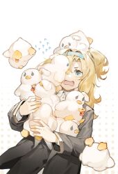 Rule 34 | 1girl, akechi (826988799), black jacket, blonde hair, blue eyes, blue hairband, chinese commentary, commentary request, hairband, highres, holding, holding stuffed toy, jacket, looking at viewer, matilda bouanich, medium hair, object on head, one eye covered, one side up, open mouth, reverse:1999, shirt, solo, stuffed animal, stuffed duck, stuffed toy, too many, upper body, v-shaped eyebrows, white background, white shirt