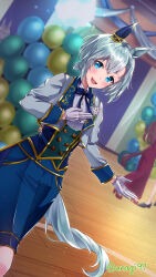 Rule 34 | 1girl, absurdres, animal ears, aqua eyes, balloon, blue bow, blue bowtie, blue shorts, blurry, blurry background, blush, bow, bowtie, corsage, corset, cropped jacket, dutch angle, feet out of frame, gloves, grey hair, grey jacket, hand on own chest, highres, horse ears, horse girl, horse tail, indoors, jacket, looking at viewer, open mouth, outstretched arm, seiun sky (soiree de chaton) (umamusume), seiun sky (umamusume), shorts, smile, sodemaru unagi, solo, tail, twitter username, umamusume, white gloves