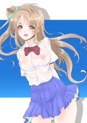 Rule 34 | 10s, 1girl, arms behind back, blush, breasts, brown hair, covered erect nipples, frapowa, large breasts, long hair, looking at viewer, love live!, love live! school idol project, minami kotori, nipples, see-through, side ponytail, skirt, smile, solo