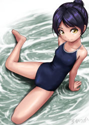 Rule 34 | 1girl, arm support, barefoot, black one-piece swimsuit, blue one-piece swimsuit, blue school swimsuit, breasts, collarbone, commentary request, competition school swimsuit, from above, full body, hair bun, highres, long hair, looking at viewer, looking up, medium breasts, one-piece swimsuit, original, rohitsuka, school swimsuit, single hair bun, sitting, smile, solo, swimsuit, toes, yellow eyes, yokozuwari