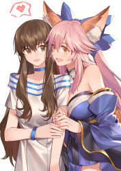 Rule 34 | 10s, 2girls, absurdres, animal ears, arm hug, bare shoulders, blue bow, blue neckwear, bow, breasts, brown eyes, brown hair, cleavage, collarbone, detached sleeves, fang, fate/extella, fate/extra, fate (series), fox ears, fox tail, hair bow, hair ribbon, heart, highres, japanese clothes, kishinami hakuno (female), large breasts, long hair, medium breasts, multiple girls, open mouth, pink hair, ribbon, simple background, smile, speech bubble, spoken heart, tail, tamamo (fate), tamamo no mae (fate/extra), white background, yellow eyes, yorukun, yuri