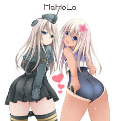 Rule 34 | 10s, 2girls, ass, blonde hair, blue eyes, crop top, cropped jacket, dual persona, flat ass, flower, from behind, garrison cap, hair flower, hair ornament, hat, kantai collection, long hair, looking back, military, military uniform, multiple girls, one-piece tan, pantyhose, puffy sleeves, ro-500 (kancolle), sailor collar, school swimsuit, simple background, swimsuit, swimsuit under clothes, tan, tanline, tomosuke, u-511 (kancolle), uniform