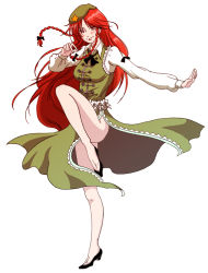 Rule 34 | 1girl, braid, breasts, china dress, chinese clothes, dress, female focus, fighting stance, full body, hat, hong meiling, immaterial and missing power, karaagetarou, long hair, red hair, side slit, simple background, solo, touhou, twin braids, white background