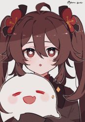 Rule 34 | 1girl, = =, aged down, ahoge, blush, closed eyes, flower-shaped pupils, genshin impact, ghost, grey background, hair between eyes, hair ornament, highres, holding, hu tao (genshin impact), long hair, long sleeves, open mouth, parted lips, portrait, red eyes, sidelocks, simple background, solo, sparkle, symbol-shaped pupils, twintails, twitter username, yamu gnsn