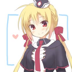 Rule 34 | 1girl, ahoge, arihara nanami, beret, between breasts, black capelet, black collar, blonde hair, blush, breasts, capelet, closed mouth, collar, commentary, hair between eyes, hat, heart, highres, large breasts, long hair, looking at viewer, low twintails, military, military uniform, mini hat, necktie, necktie between breasts, red eyes, red necktie, riddle joker, sidelocks, simple background, sketch, smile, solo, tatsuya (trypaint), twintails, uniform, white background