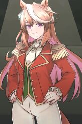Rule 34 | 1girl, absurdres, animal ears, breasts, brown hair, closed mouth, collared shirt, cowboy shot, earrings, epaulettes, green vest, hands on own hips, highres, horse ears, horse girl, horse tail, jacket, jewelry, kusanagi kaoru, long hair, long sleeves, looking at viewer, multicolored hair, necktie, open clothes, open jacket, pants, purple eyes, red jacket, shirt, single earring, small breasts, smile, solo, spotlight, streaked hair, symboli rudolf (umamusume), tail, umamusume, vest, white necktie, white pants, white shirt