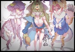 3girls absurdres animal_ears bare_shoulders blue_kimono brown_hair claws dragon_girl dragon_tail elbow_gloves extra_ears fang fundoshi garter_straps gloves gm_(ggommu) green_hair grey_background hair_over_eyes hammer highres jacket japanese_clothes kemono_friends kimono long_hair looking_at_viewer multicolored_hair multiple_girls nue_(kemono_friends) purple_hair rairyu_(kemono_friends) red_hair sailor_collar sandals sanmoto_gorozaemon_(kemono_friends) sarashi scarf school_uniform shoes simple_background skirt tabi tail thighhighs twintails two-tone_hair white_hair yellow_eyes zouri