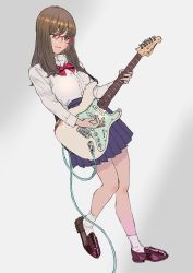 Rule 34 | 1girl, bow, bowtie, brown hair, cable, collared shirt, electric guitar, fender stratocaster, glasses, guitar, highres, instrument, leg up, loafers, long hair, looking down, music, original, peco (pockleberry), pink eyes, playing instrument, pleated skirt, school uniform, shirt, shoes, skirt, smile, socks, solo, white socks