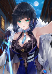 Rule 34 | 1girl, armpits, asymmetrical gloves, bare shoulders, black hair, blue dress, blue hair, blush, bob cut, breasts, cleavage, cleavage cutout, clothing cutout, commentary request, diagonal bangs, dice, dress, earrings, full moon, fur-trimmed jacket, fur trim, genshin impact, gloves, green eyes, higeneko, highres, jacket, jacket on shoulders, jewelry, large breasts, looking at viewer, mismatched gloves, mole, mole on breast, moon, multicolored hair, neck ring, night, night sky, open mouth, pelvic curtain, rain, revision, short hair, sky, solo, tassel, thread, two-tone hair, vision (genshin impact), wet, white jacket, yelan (genshin impact)