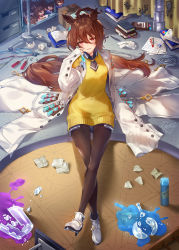 Rule 34 | 1girl, absurdres, agnes tachyon (umamusume), animal ears, ankle boots, black neckwear, black pantyhose, boots, broken glass, brown hair, commentary request, crossed legs, glass, hair between eyes, hair ornament, highres, horse ears, horse girl, horse tail, indoors, lab coat, looking at viewer, necktie, pantyhose, parted lips, red eyes, sitting, sweater, tail, test tube, umamusume, white footwear, yanyo (ogino atsuki), yellow sweater
