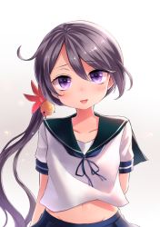 Rule 34 | 1girl, akebono (kancolle), arms behind back, bell, commentary request, flower, hair bell, hair between eyes, hair flower, hair ornament, highres, kantai collection, long hair, looking at viewer, midriff peek, navel, neit ni sei, open mouth, purple eyes, purple hair, school uniform, serafuku, short sleeves, side ponytail, smile, solo, white background