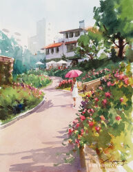 Rule 34 | blue sky, building, bush, city, commentary request, day, flower, holding, holding umbrella, nara watercolor, original, painting (medium), park, path, pink flower, pink rose, road, rose, rose bush, sky, traditional media, umbrella, watercolor (medium), window
