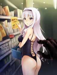 Rule 34 | 1girl, ass, blurry, bra, breasts, casual one-piece swimsuit, cowboy shot, depth of field, from behind, grocery store, hairband, highres, idolmaster, idolmaster (classic), indoors, kaiga, leotard, lingerie, long hair, looking back, lordi, male hand, medium breasts, one-piece swimsuit, outstretched hand, panties, parody, pov, purple eyes, shijou takane, shop, shopping, silver hair, solo focus, standing, swimsuit, thong, thong leotard, underwear, zombie