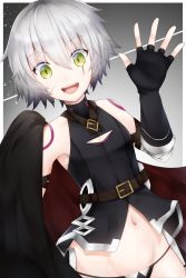 Rule 34 | 1girl, bandaged arm, bandages, bare shoulders, black gloves, breasts, fate/apocrypha, fate (series), fingerless gloves, gloves, green eyes, happy, highres, jack the ripper (fate/apocrypha), looking at viewer, navel, scar, short hair, silver hair, single glove, small breasts, smile, solo
