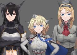 Rule 34 | 3girls, :/, black hair, blonde hair, blue eyes, blue neckwear, braid, breasts, brown eyes, capelet, closed mouth, colorado (kancolle), crossed arms, dress, elbow gloves, flower, garrison cap, gloves, grey background, grey dress, hair ornament, hands on own hips, hat, headgear, highres, kantai collection, large breasts, long hair, long sleeves, multiple girls, nagato (kancolle), navel, necktie, nelson (kancolle), pleated dress, red flower, red neckwear, red rose, remodel (kantai collection), rose, shirt, short hair, side braids, simple background, sleeveless, smug, split mouth, stota1320, uniform, upper body, white shirt