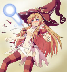 Rule 34 | 1girl, asarikaree, blush, breasts, clam curry, hat, hitodama, knights in the nightmare, long hair, medium breasts, orange hair, pointy ears, purple eyes, solo, striped clothes, striped thighhighs, tears, thighhighs, torn clothes, wisp, witch, witch (knights in the nightmare), witch hat