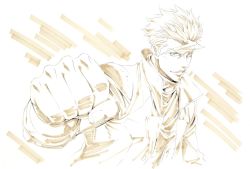 Rule 34 | 1boy, clenched hand, gundam, gundam tekketsu no orphans, hair behind ear, hair between eyes, jacket, looking at viewer, male focus, monochrome, official art, orga itsuka, sepia, shirt, smile, solo, spiked hair, upper body, v-shaped eyebrows, white background