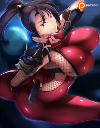 Rule 34 | 1girl, armlet, ass, bodysuit, breasts, brown eyes, brown hair, curvy, covered erect nipples, female focus, gloves, haganef, huge ass, large breasts, long hair, looking at viewer, looking back, namco, ninja, nipples, patreon, short sword, skin tight, solo, soul calibur, spandex, sword, taki (soulcalibur), thick thighs, thighs, weapon
