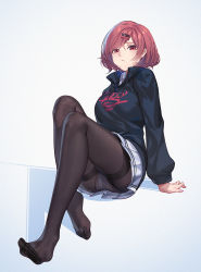 Rule 34 | 1girl, arm support, black jacket, black pantyhose, clothes writing, commentary request, feet, foreshortening, full body, grey background, hair ornament, hairclip, highres, higuchi madoka, idolmaster, idolmaster shiny colors, jacket, knees up, legs, long sleeves, looking at viewer, miniskirt, nian (zhanian), no shoes, panties, panties under pantyhose, pantyhose, pleated skirt, red eyes, red hair, short hair, skirt, solo, thighband pantyhose, toes, underwear, white skirt