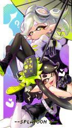 Rule 34 | 2girls, :/, ?, absurdres, black dress, black footwear, black gloves, black pantyhose, boots, border, bow-shaped hair, callie (splatoon), closed mouth, coat, commentary, copyright name, dress, earrings, english commentary, fangs, foot out of frame, from behind, gloves, gradient background, gradient outline, green hair, grey hair, halftone, heart, highres, holding, holding umbrella, hoop earrings, inkling, jewelry, long hair, looking at viewer, looking back, marie (splatoon), medium hair, mole, mole under eye, multicolored background, multicolored hair, multiple girls, nintendo, open mouth, outside border, pantyhose, peanut huasheng, splatoon (series), splatoon 3, star-shaped pupils, star (symbol), strapless, strapless dress, suction cups, swept bangs, symbol-shaped pupils, tentacle hair, twintails, two-tone hair, umbrella, white border, white coat, white pantyhose, yellow eyes, yellow pupils