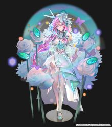 Rule 34 | 1girl, absurdres, breasts, bug, butterfly, chloris (hero cantare), choker, closed mouth, detached sleeves, dress, earrings, flower, hair ornament, hero cantare, highres, insect, jewelry, large breasts, leenim, long hair, looking at viewer, musical note, necklace, official art, open hands, pink hair, purple butterfly, purple eyes, rose, short dress, solo, thick thighs, thighs, very long hair, white choker, white dress, white flower, white legwear, white rose
