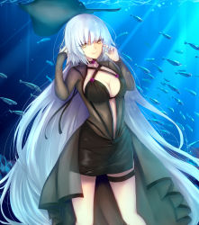 Rule 34 | 1girl, aquarium, black dress, breasts, cleavage, dress, fate/grand order, fate (series), fish, grey hair, highres, iro (sekaixiro), jeanne d&#039;arc alter (fate), light rays, long hair, looking at viewer, smile, solo, stingray, thigh strap, type-moon, very long hair, waist cape, yellow eyes