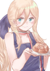 Rule 34 | 1girl, apron, az toride, bare shoulders, blonde hair, blue apron, blue eyes, blue ribbon, bread, collarbone, commentary request, food, hair between eyes, hair ribbon, kantai collection, long hair, low ponytail, mole, mole under eye, mole under mouth, plate, ponytail, ribbon, richelieu (kancolle), simple background, solo, white background