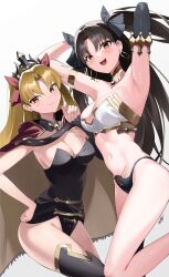 Rule 34 | 2girls, absurdres, armlet, armpits, arms up, bikini, black dress, black hair, black thighhighs, blonde hair, breasts, cape, detached collar, detached sleeves, dress, earrings, ereshkigal (fate), fate/grand order, fate (series), gold trim, hair ribbon, highres, hood, hooded cape, hoop earrings, ishtar (fate), jewelry, kurozawa yui, long hair, looking at viewer, medium breasts, mismatched bikini, multiple girls, neck ring, open mouth, parted bangs, red eyes, ribbon, short dress, single detached sleeve, single sleeve, single thighhigh, smile, swimsuit, thighhighs, thighlet, thighs, tiara, two side up